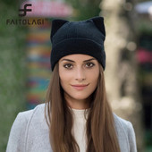 Χαριτωμένο γατάκι αυτί Beanie Χειμερινό ζεστό πλεκτό καπέλο από μαλακό μαλλί κροσέ κρανιά φασόλια για γυναίκες κορίτσι Little Devil Cosplay Halloween Cap
