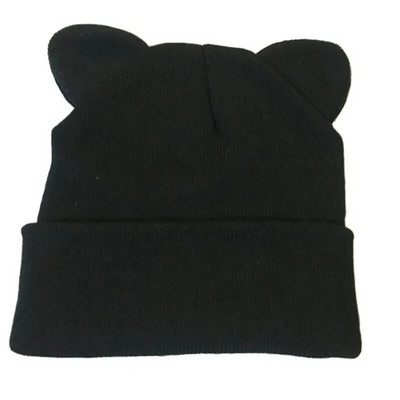 Χαριτωμένο γατάκι αυτί Beanie Χειμερινό ζεστό πλεκτό καπέλο από μαλακό μαλλί κροσέ κρανιά φασόλια για γυναίκες κορίτσι Little Devil Cosplay Halloween Cap