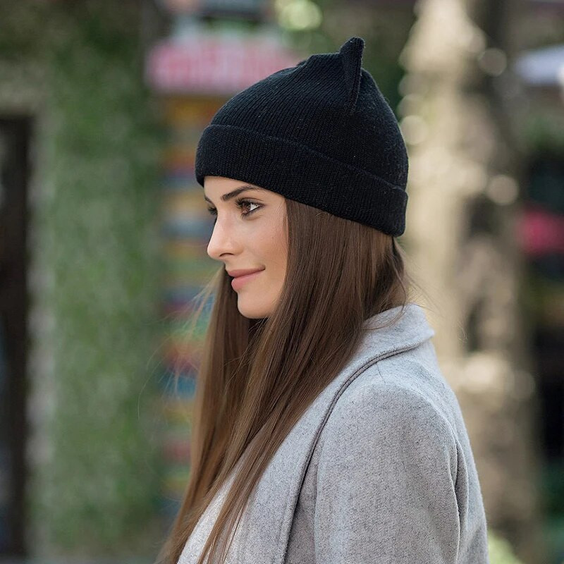 Jauka kaķa ausu beanie ziemas silta trikotāžas cepure Mīksta vilna, tamborēta skullies pupiņas sievietēm, meitene, mazs velns, kosplay Helovīna cepure
