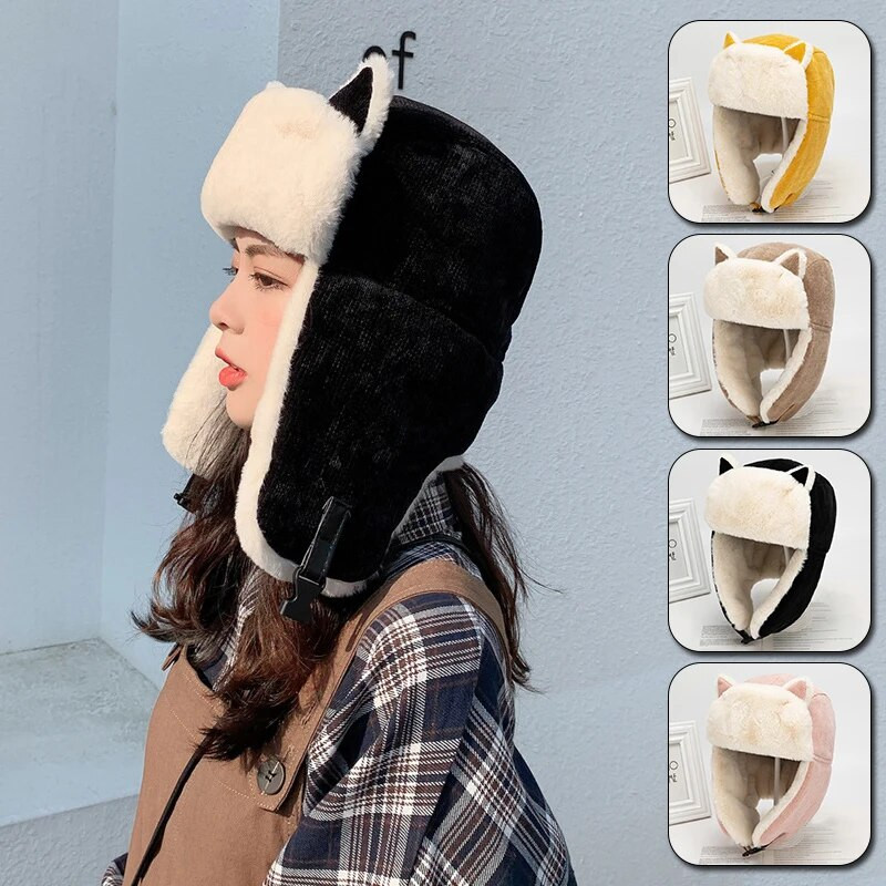 Sievietēm silta slazdošanas cepure Aviator Trooper Earflap Cepure bieza ziemas cepure Atloki Slēpošanas cepure Kaķu ausis Bomber Cepures Unisex slēpošanas mākslīgās kažokādas cepures