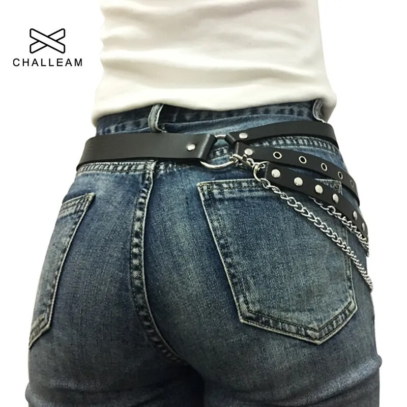 Ženski modni seksi gotički punk remen, kožni traperice, lančić, metalni prsten, srebrna kopča, ženski remeni x212