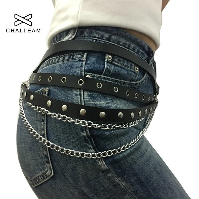 Ženski modni seksi gotički punk remen, kožni traperice, lančić, metalni prsten, srebrna kopča, ženski remeni x212