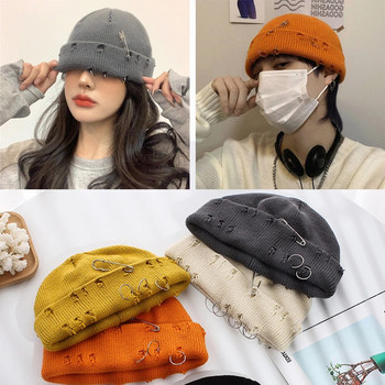 Winter New Harajuku Beanies Πλεκτό καπέλο Γυναικεία Μόδα Ζεστό χοντρό Gorras Ανδρικά Hip Hop Pin Hole Skullcap Κοντό καπέλο Unisex Βασικό καπέλο