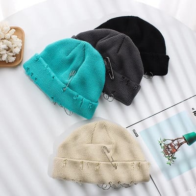 Winter New Harajuku Beanies Πλεκτό καπέλο Γυναικεία Μόδα Ζεστό χοντρό Gorras Ανδρικά Hip Hop Pin Hole Skullcap Κοντό καπέλο Unisex Βασικό καπέλο