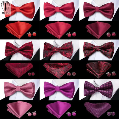 Hi-Tie Rose Red Burgundy Maroon Silk Мъжка папийонка Комплект копчета за ръкавели Предварително вързана папийонка на възел с пеперуда за мъжки сватбен бизнес