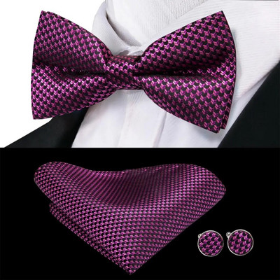 Hi-Tie Rose Vörös bordó barna selyem férfi csokornyakkendő Hanky mandzsettagomb készlet előre megkötött pillangócsomós csokornyakkendő férfi esküvői üzlethez