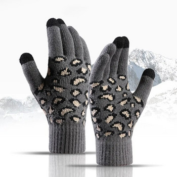 Зима Дамски топли Сензорен екран плюс Кашмир Плътни плетени вълнени леопардови жакардови ръкавици с ръкавици На открито Колоездене Ветроустойчиви