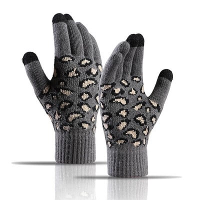 Ziemas sievietes uztur siltumu Skārienekrāns plus kašmira bieza adīta vilna leopards žakarda dūraiņi cimdi āra riteņbraukšanai vēja necaurlaidīgi