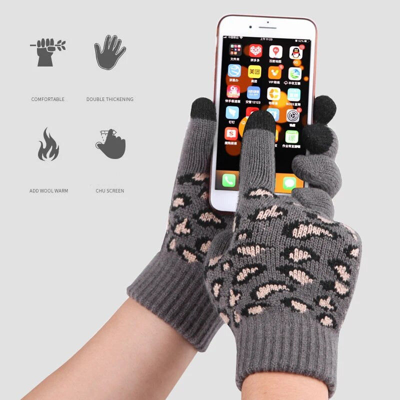 Ziemas sievietes uztur siltumu Skārienekrāns plus kašmira bieza adīta vilna leopards žakarda dūraiņi cimdi āra riteņbraukšanai vēja necaurlaidīgi