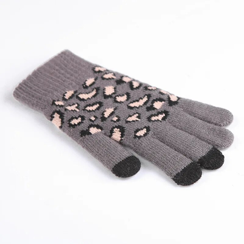 Ziemas sievietes uztur siltumu Skārienekrāns plus kašmira bieza adīta vilna leopards žakarda dūraiņi cimdi āra riteņbraukšanai vēja necaurlaidīgi