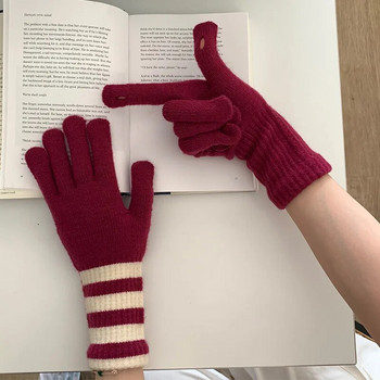 Розови плетени ръкавици със сензорен екран Дамски зимни ръкавици Ръкавици с топли райета Плътни пухкави дълги ръкавици Мъжки ръкавици Harajuku за жени