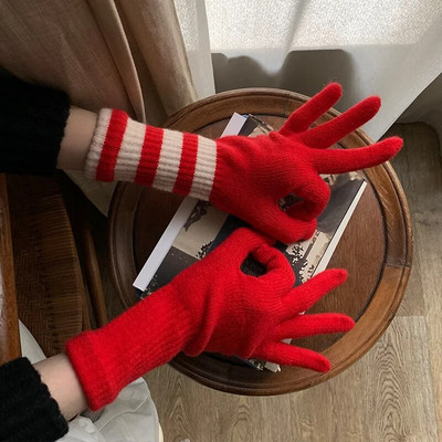 Ružičaste pletene rukavice s zaslonom osjetljivim na dodir Ženske zimske rukavice Tople prugaste rukavice Jednobojne pahuljaste duge rukavice Muške Harajuku rukavice za žene