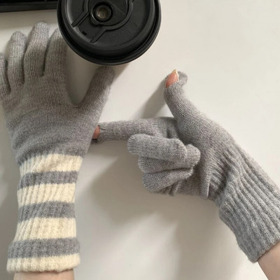Ružičaste pletene rukavice s zaslonom osjetljivim na dodir Ženske zimske rukavice Tople prugaste rukavice Jednobojne pahuljaste duge rukavice Muške Harajuku rukavice za žene