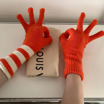 Ružičaste pletene rukavice s zaslonom osjetljivim na dodir Ženske zimske rukavice Tople prugaste rukavice Jednobojne pahuljaste duge rukavice Muške Harajuku rukavice za žene