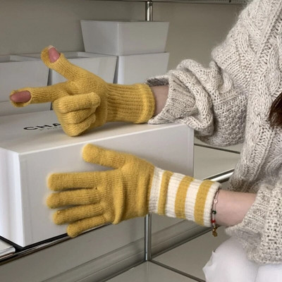 Ružičaste pletene rukavice s zaslonom osjetljivim na dodir Ženske zimske rukavice Tople prugaste rukavice Jednobojne pahuljaste duge rukavice Muške Harajuku rukavice za žene