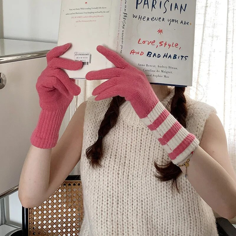 Rozā skārienekrāna trikotāžas cimdi Sieviešu ziemas cimdi Silti svītru cimdi Vienkrāsaini pūkaini garie cimdi Vīriešu Harajuku dūraiņi sievietēm