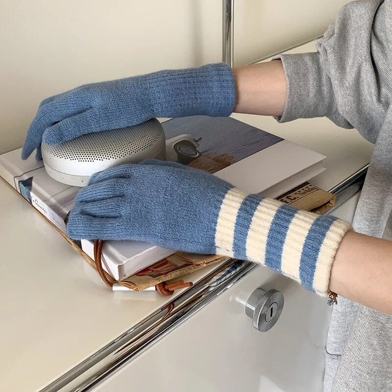 Rozā skārienekrāna trikotāžas cimdi Sieviešu ziemas cimdi Silti svītru cimdi Vienkrāsaini pūkaini garie cimdi Vīriešu Harajuku dūraiņi sievietēm