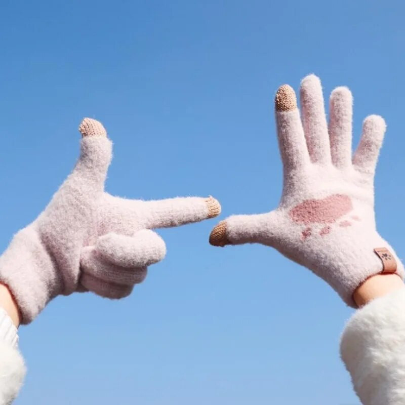 Modne rukavice s otisnutim mačjim šapama Mobilni telefon Pletene rukavice s ekranom osjetljivim na dodir Zimske debele i tople meke pahuljaste rukavice za odrasle Muške žene