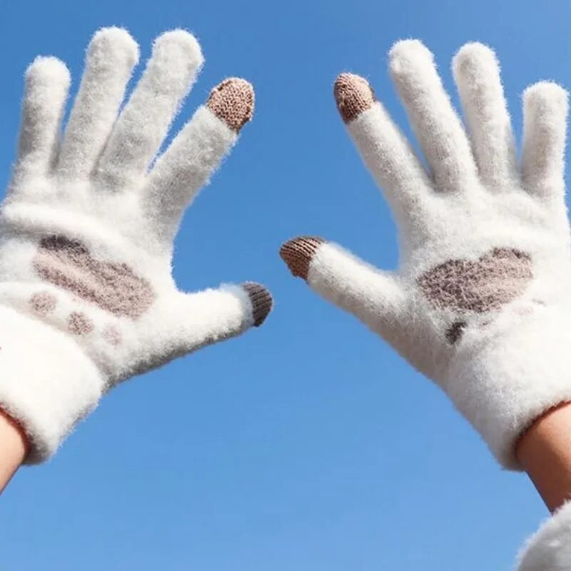 Modne rukavice s otisnutim mačjim šapama Mobilni telefon Pletene rukavice s ekranom osjetljivim na dodir Zimske debele i tople meke pahuljaste rukavice za odrasle Muške žene