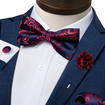 Модни червени сини флорални папийонки за мъже Копринени предварително вързани регулируеми вратовръзки, копчета за ръкавели, брошка, игла, 5бр. Комплект мъжки пеперуди, възел за вратовръзка