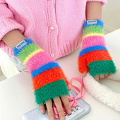 Varavīksnes krāsas vilnas cimdi Sieviešu tamborēti trikotāžas strīpiņas puspirksta dūraiņi āra sabiezināti silti riteņbraukšanas cimdi Y2k aksesuāri