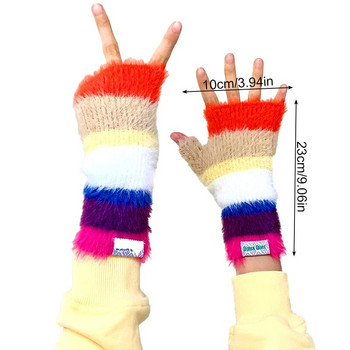 Вълнени ръкавици с цвят на дъгата Дамски плетени на една кука ръкавици с ръкавици с половин пръст Удебелени топли ръкавици за колоездене Y2k Аксесоари