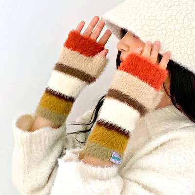 Varavīksnes krāsas vilnas cimdi Sieviešu tamborēti trikotāžas strīpiņas puspirksta dūraiņi āra sabiezināti silti riteņbraukšanas cimdi Y2k aksesuāri