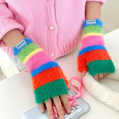 Varavīksnes krāsas vilnas cimdi Sieviešu tamborēti trikotāžas strīpiņas puspirksta dūraiņi āra sabiezināti silti riteņbraukšanas cimdi Y2k aksesuāri