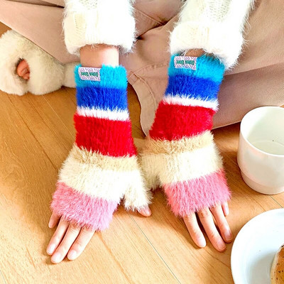 Varavīksnes krāsas vilnas cimdi Sieviešu tamborēti trikotāžas strīpiņas puspirksta dūraiņi āra sabiezināti silti riteņbraukšanas cimdi Y2k aksesuāri