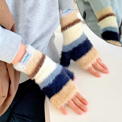 Varavīksnes krāsas vilnas cimdi Sieviešu tamborēti trikotāžas strīpiņas puspirksta dūraiņi āra sabiezināti silti riteņbraukšanas cimdi Y2k aksesuāri