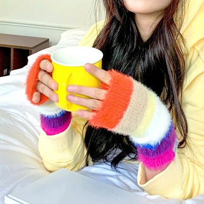 Varavīksnes krāsas vilnas cimdi Sieviešu tamborēti trikotāžas strīpiņas puspirksta dūraiņi āra sabiezināti silti riteņbraukšanas cimdi Y2k aksesuāri