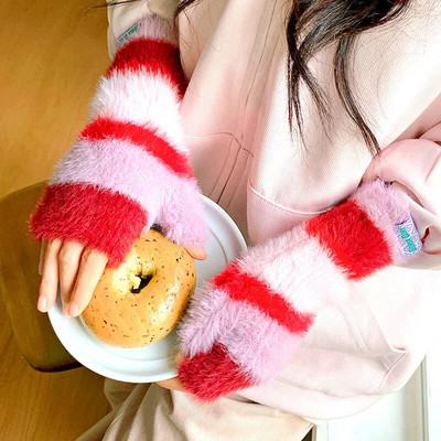 Varavīksnes krāsas vilnas cimdi Sieviešu tamborēti trikotāžas strīpiņas puspirksta dūraiņi āra sabiezināti silti riteņbraukšanas cimdi Y2k aksesuāri