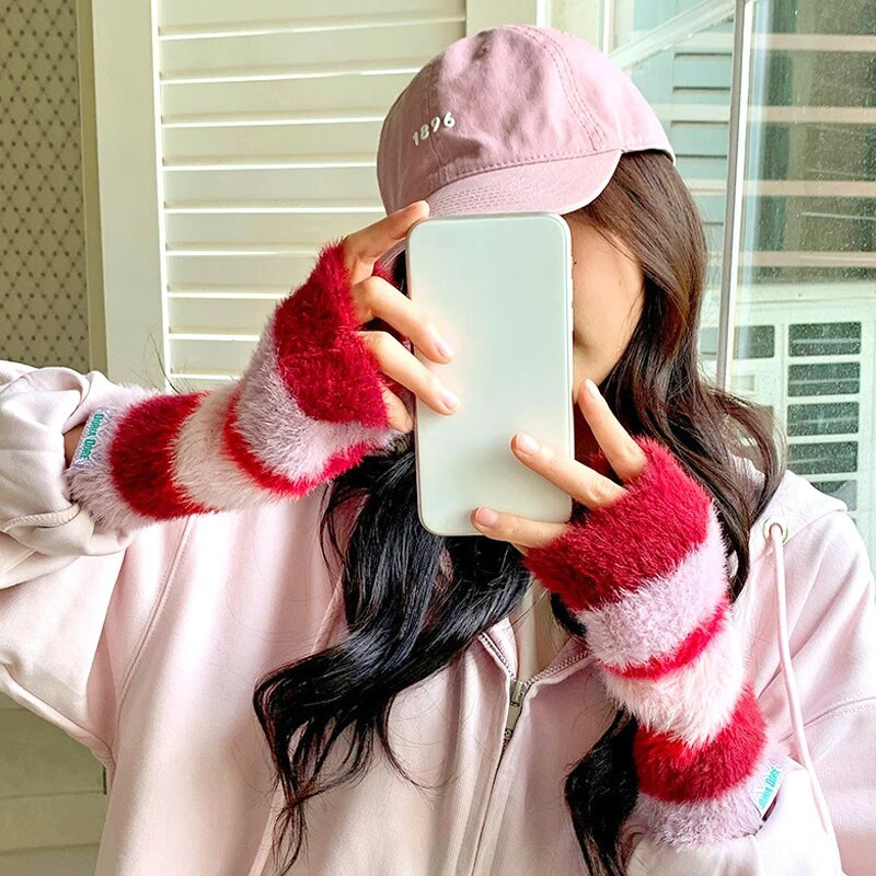 Varavīksnes krāsas vilnas cimdi Sieviešu tamborēti trikotāžas strīpiņas puspirksta dūraiņi āra sabiezināti silti riteņbraukšanas cimdi Y2k aksesuāri