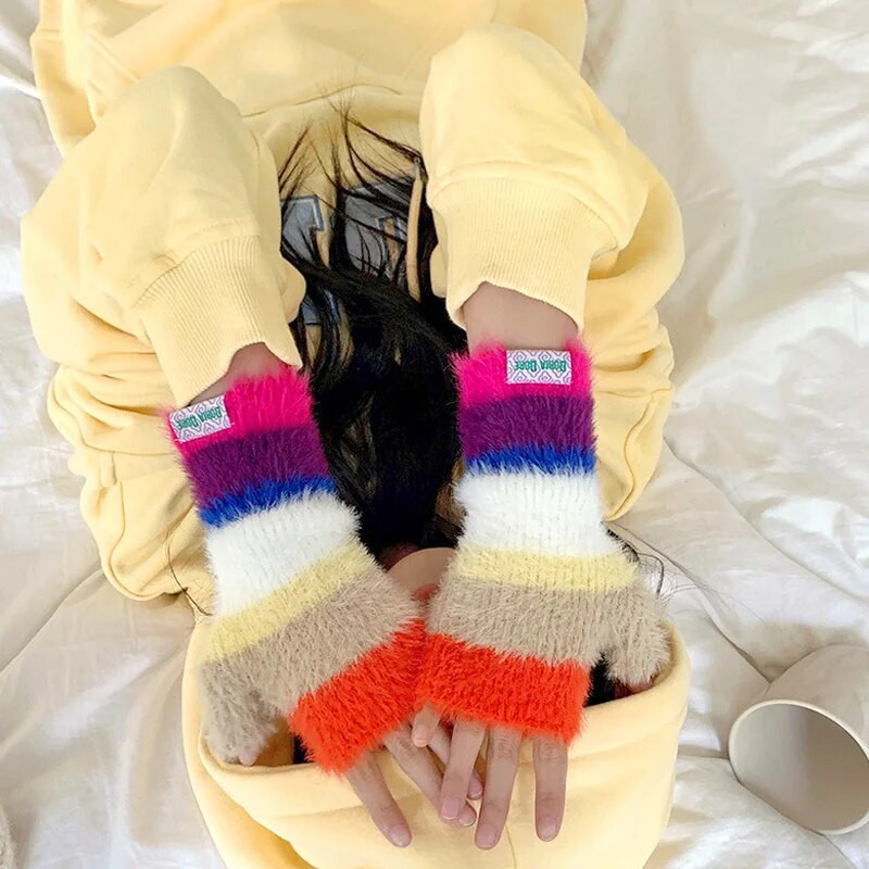 Varavīksnes krāsas vilnas cimdi Sieviešu tamborēti trikotāžas strīpiņas puspirksta dūraiņi āra sabiezināti silti riteņbraukšanas cimdi Y2k aksesuāri