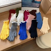 Zimske ženske pletene rukavice s bisernom čipkom, bijele rukavice s dodirnim zaslonom, toplije otporne na vjetar, deblje rukavice, ženske skijaške rukavice