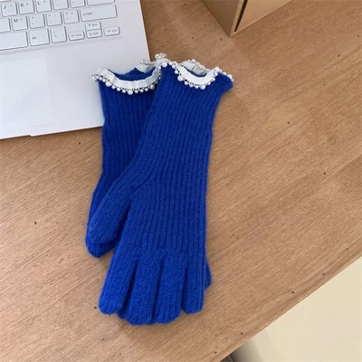 Zimske ženske pletene rukavice s bisernom čipkom, bijele rukavice s dodirnim zaslonom, toplije otporne na vjetar, deblje rukavice, ženske skijaške rukavice