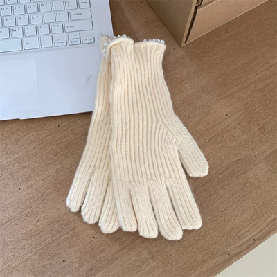Zimske ženske pletene rukavice s bisernom čipkom, bijele rukavice s dodirnim zaslonom, toplije otporne na vjetar, deblje rukavice, ženske skijaške rukavice