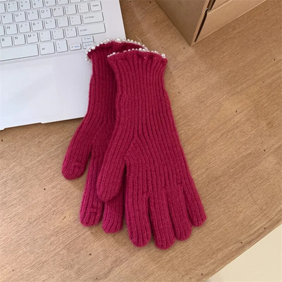 Zimske ženske pletene rukavice s bisernom čipkom, bijele rukavice s dodirnim zaslonom, toplije otporne na vjetar, deblje rukavice, ženske skijaške rukavice