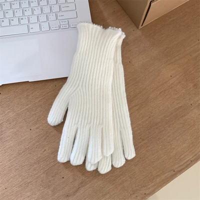 Zimske ženske pletene rukavice s bisernom čipkom, bijele rukavice s dodirnim zaslonom, toplije otporne na vjetar, deblje rukavice, ženske skijaške rukavice