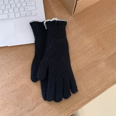 Zimske ženske pletene rukavice s bisernom čipkom, bijele rukavice s dodirnim zaslonom, toplije otporne na vjetar, deblje rukavice, ženske skijaške rukavice