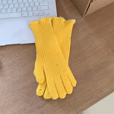 Zimske ženske pletene rukavice s bisernom čipkom, bijele rukavice s dodirnim zaslonom, toplije otporne na vjetar, deblje rukavice, ženske skijaške rukavice