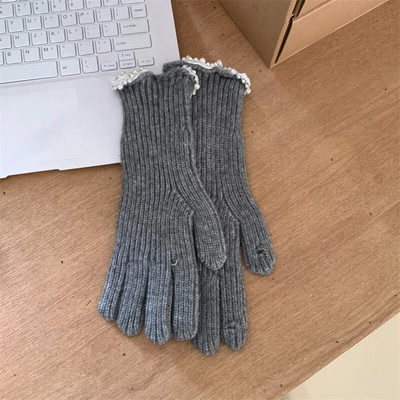 Zimske ženske pletene rukavice s bisernom čipkom, bijele rukavice s dodirnim zaslonom, toplije otporne na vjetar, deblje rukavice, ženske skijaške rukavice