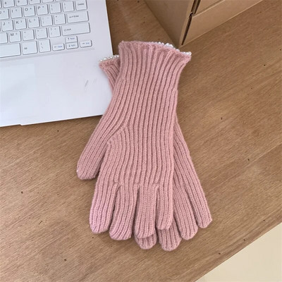 Zimske ženske pletene rukavice s bisernom čipkom, bijele rukavice s dodirnim zaslonom, toplije otporne na vjetar, deblje rukavice, ženske skijaške rukavice