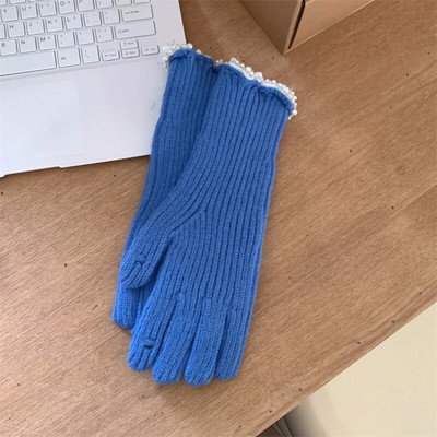 Zimske ženske pletene rukavice s bisernom čipkom, bijele rukavice s dodirnim zaslonom, toplije otporne na vjetar, deblje rukavice, ženske skijaške rukavice