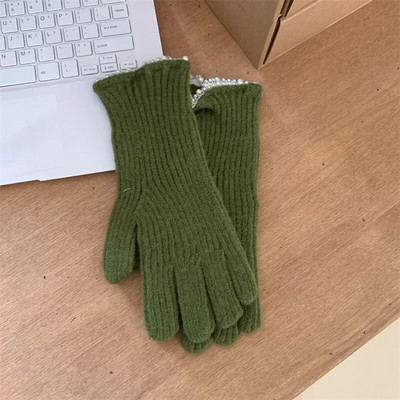 Zimske ženske pletene rukavice s bisernom čipkom, bijele rukavice s dodirnim zaslonom, toplije otporne na vjetar, deblje rukavice, ženske skijaške rukavice