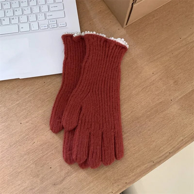 Zimske ženske pletene rukavice s bisernom čipkom, bijele rukavice s dodirnim zaslonom, toplije otporne na vjetar, deblje rukavice, ženske skijaške rukavice