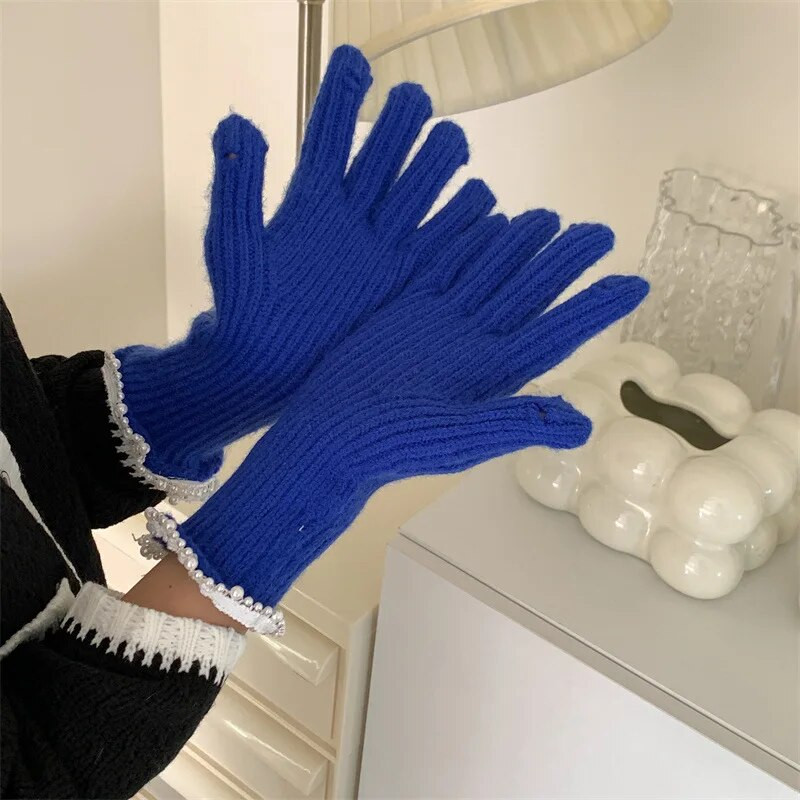 Zimske ženske pletene rukavice s bisernom čipkom, bijele rukavice s dodirnim zaslonom, toplije otporne na vjetar, deblje rukavice, ženske skijaške rukavice