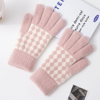 Дамски решетъчен модел плетени зимни ръкавици със сензорен екран Топли топлинни меки уютни заешки косми Еластични женски ръкавици Аксесоар за открито