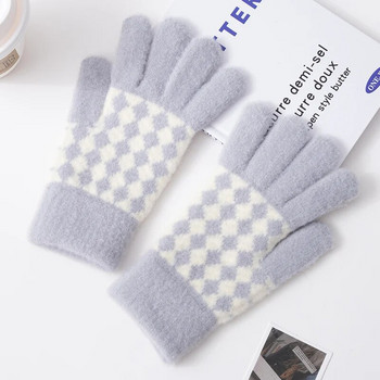 Дамски решетъчен модел плетени зимни ръкавици със сензорен екран Топли топлинни меки уютни заешки косми Еластични женски ръкавици Аксесоар за открито