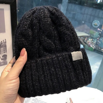 Nova zimska zaokretna pletena kapa za žene Debela plišana kapa s krznenim pompom, jednobojna kapa, jednobojna ženska topla kapa za skijanje Skullies